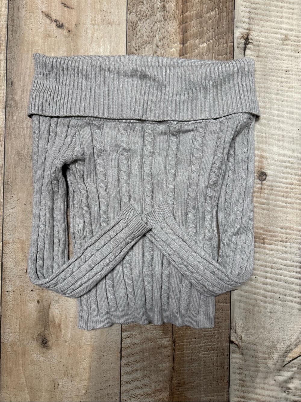 Say What? Off-the-Shoulder Cable Knit Sweater in Light Gray